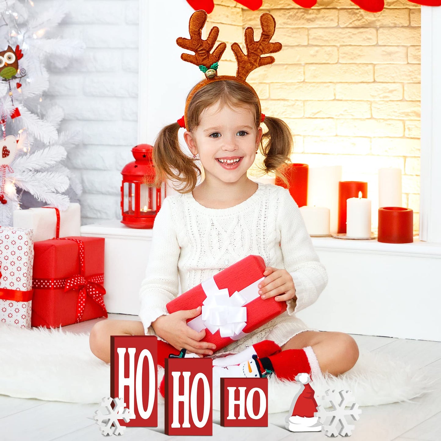 Qunclay 6 Pcs Christmas Wooden Decor Ho Ho Snowflake Table Decorations Sign Tiered Tray Decor Centerpiece Farmhouse Table Blocks for Home Party Mantle Shelf