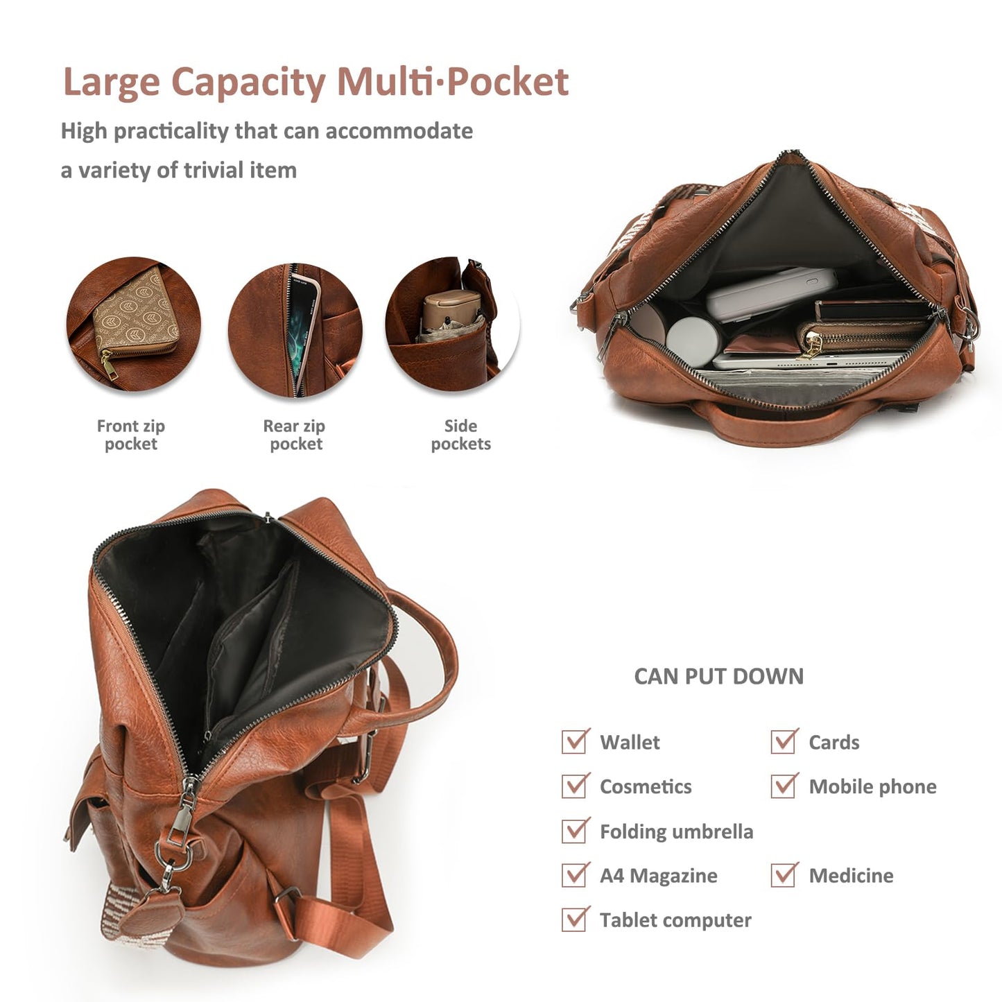 HAHONIA Women's Fashion Backpack PU with Detachable Wide Shoulder Strap & Multiple Pockets, Anti Theft Backpack for Women