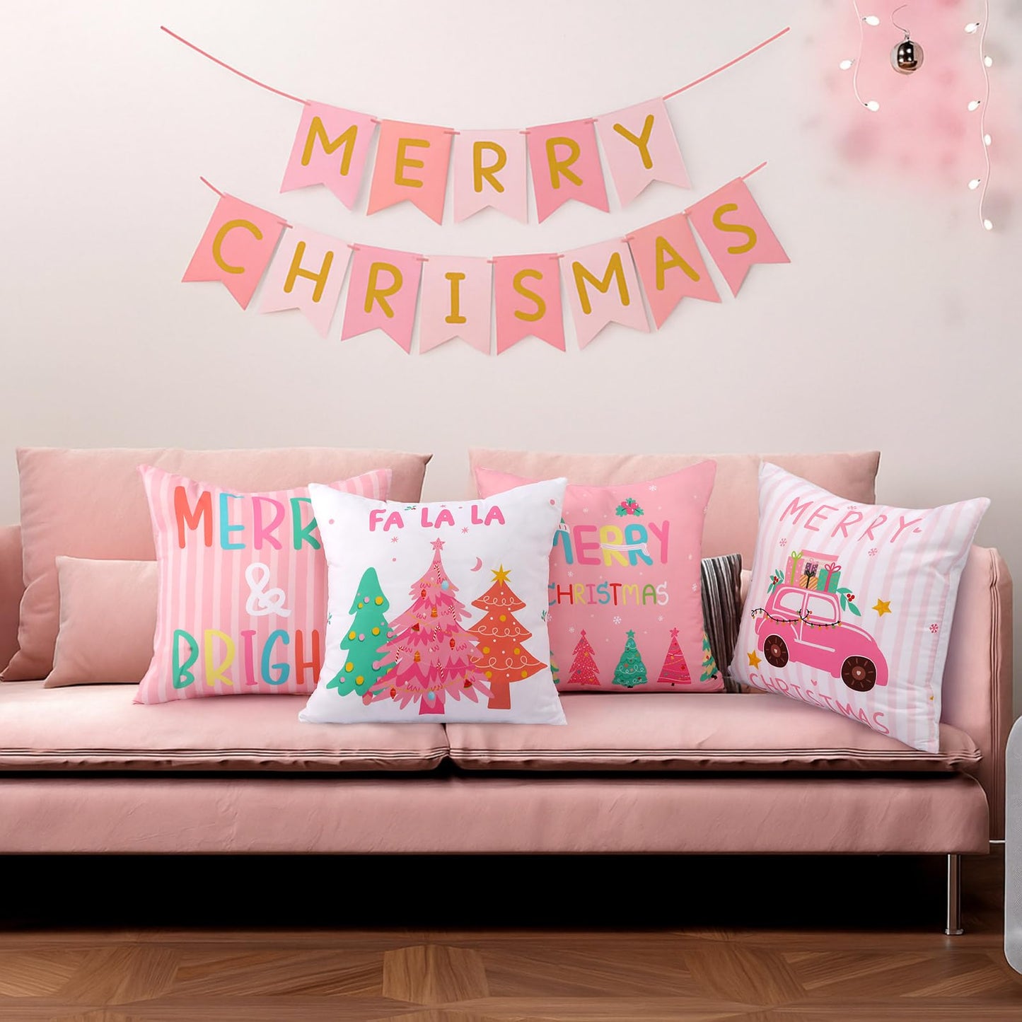 HunnmingRe 6 Pcs Pastel Christmas Throw Pillow Covers 18 x 18 Inch Pink Nutcracker Xmas Trees Truck Pillow Case Soft Candyland Cushion Case Pastel Pink Christmas Decor for Home Couch Sofa Bed Chair
