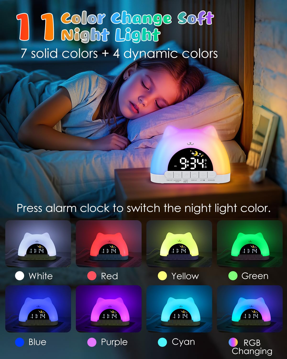 Homiyteck Kids Alarm Clock, OK to Wake Alarm Clock for Kids, Cat Clock with 11 Colors Night Light, 10 Soothing Sounds, Child Lock, Dual Alarms, Sleep Training, Birthday Gift for Boy Girls Children