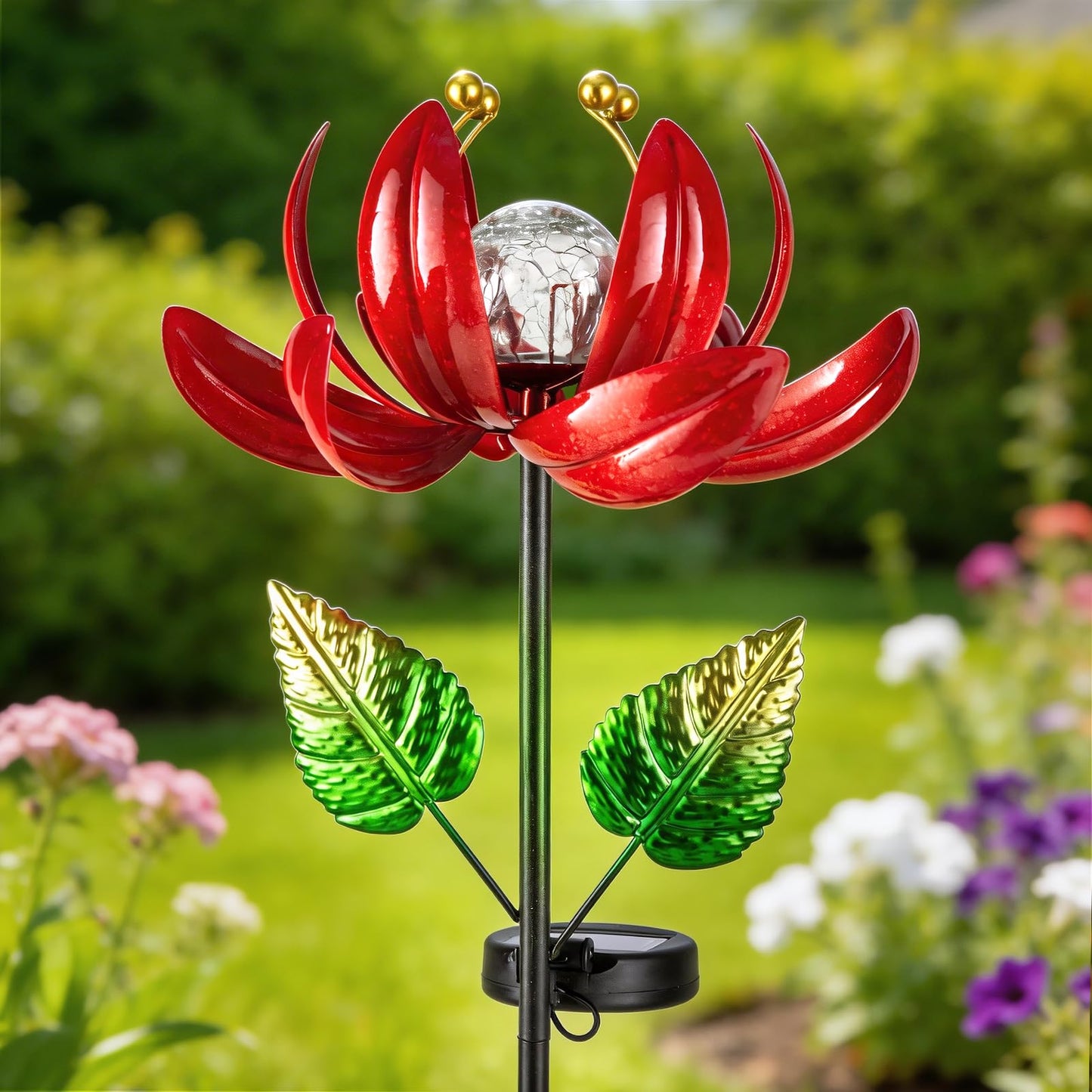 AIINY Solar Lights Outdoor Garden Decor, Solar Wind Spinner Yard Decorations Gifts for Outside, Lotus Windmill Pathway with LED Cracked Crystal Ball Waterproof Flower Sculpture for Patio Lawn
