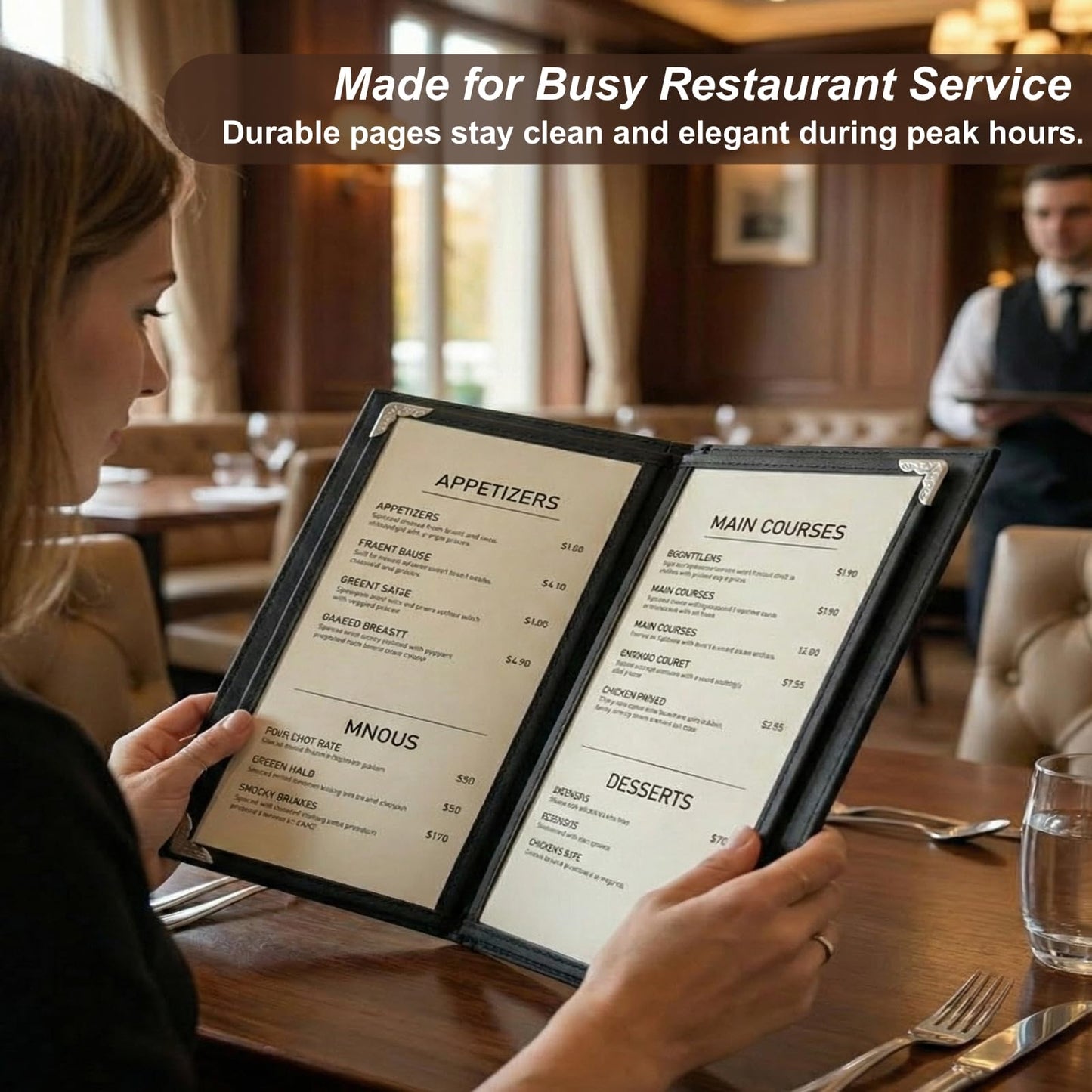Restaurant Menu Covers 8.5 x 11, 2 Pack Menu Holder – Faux Leather Menu Book with Clear PVC Sleeves, 4 Page 8 View, Waterproof & Durable Menu Book for Restaurant, Bar, Café, Hotel