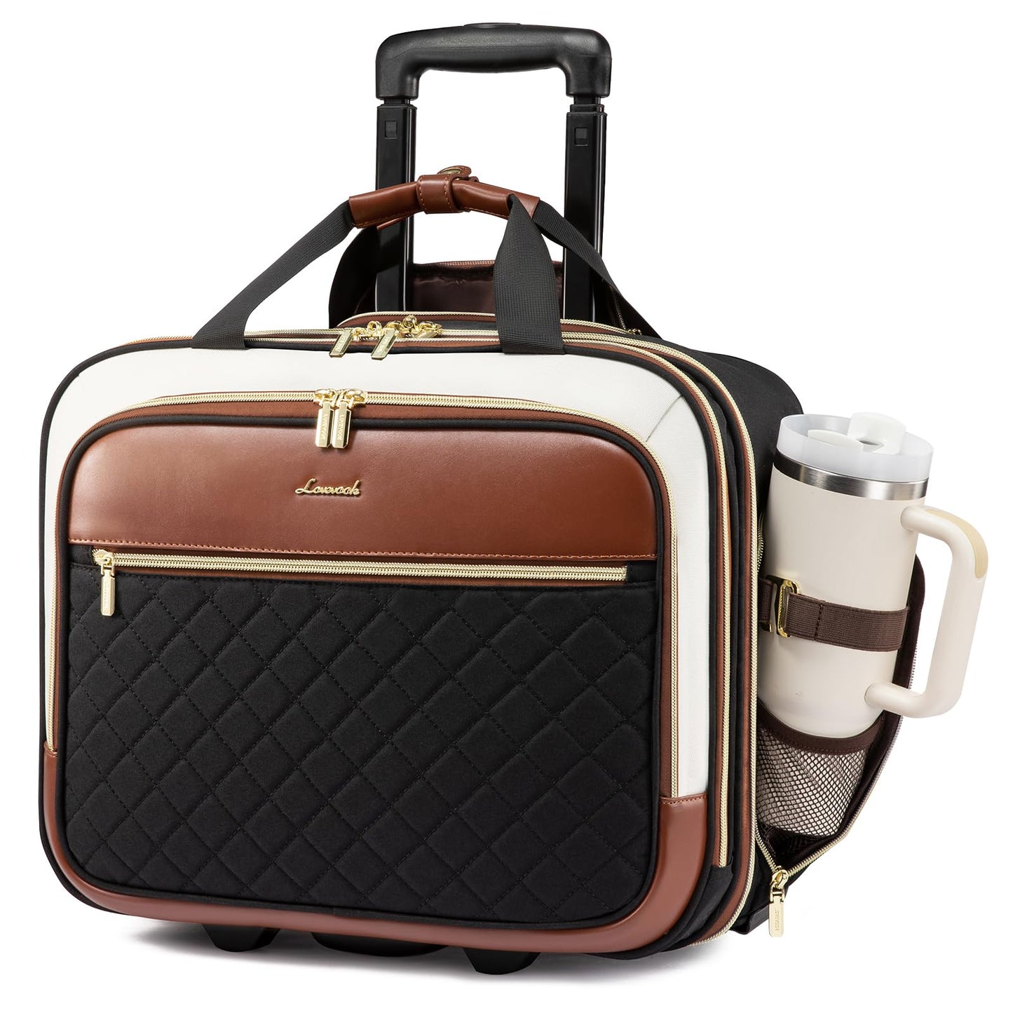 LOVEVOOK Rolling Laptop Bag Women, 17.3 Inch Laptop Briefcase with Wheels, Soft Sided Underseat Carry On Luggage Personal Item Suitcase for Work Travel Business, Black Brown Beige