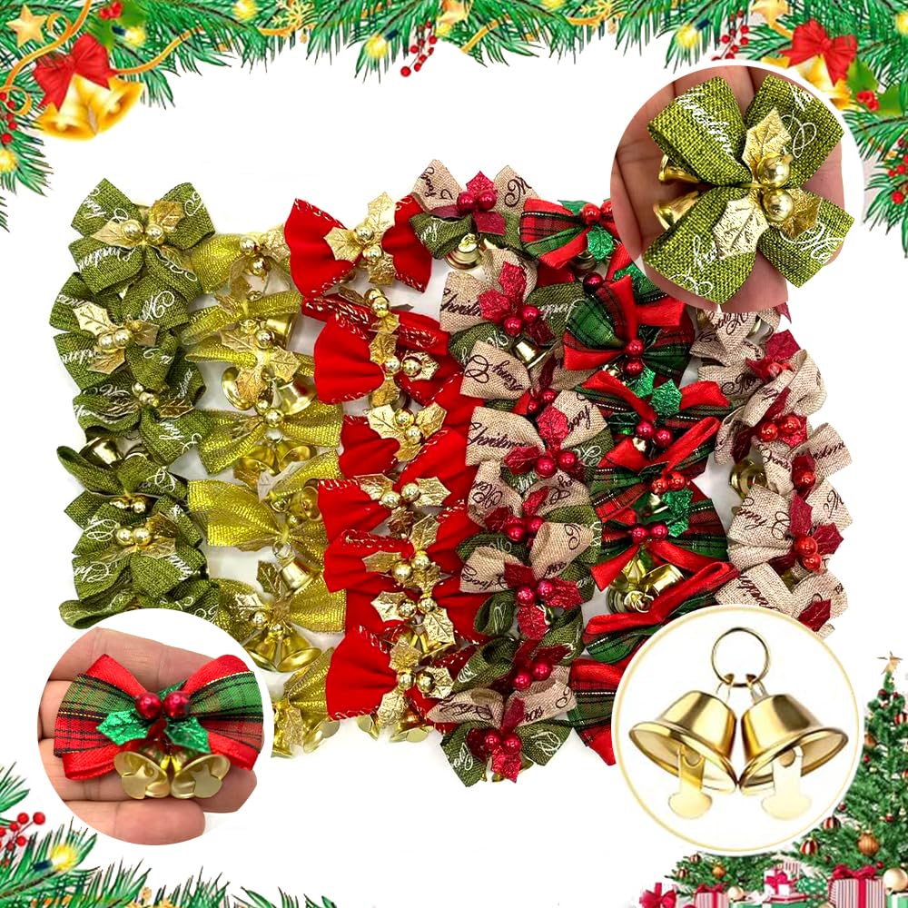 Yxtwaeh 48 Pcs Christmas Mini Bows with Bells 2 Inch Christmas Tree Ribbon Bows with Bell Hanging Decorations for Tree Wreaths Gift Wrapping, 6 Styles