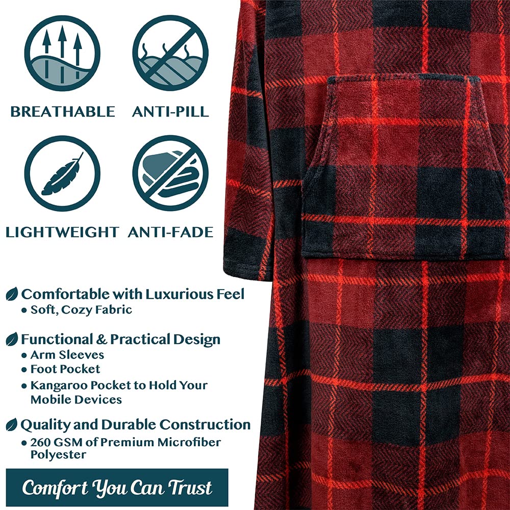 PAVILIA Fleece Blanket with Sleeves, Foot Pockets for Women Men Adults, Plush Wearable Blanket Throw Wrap, Warm Snuggle Blanket Robe, Cozy Gift Ideas Wife Mom, Plaid Red