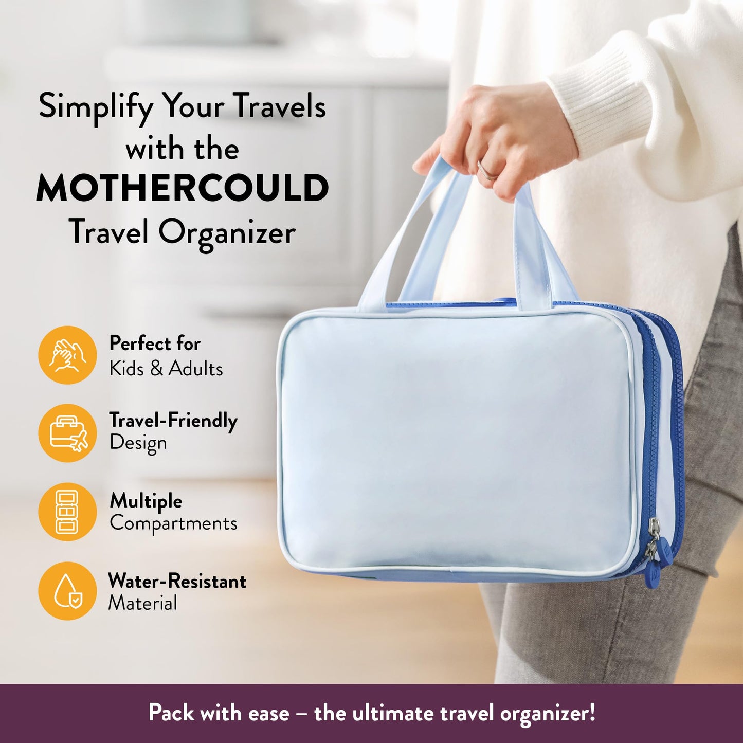 Kids Travel Organizer – Multi-Compartment, Water-Resistant Hanging Bag for Toys, Snacks, & Activities - Compact, Lightweight Design with Hook & Carry Handle - Perfect for Travel Use (Blue, Small)
