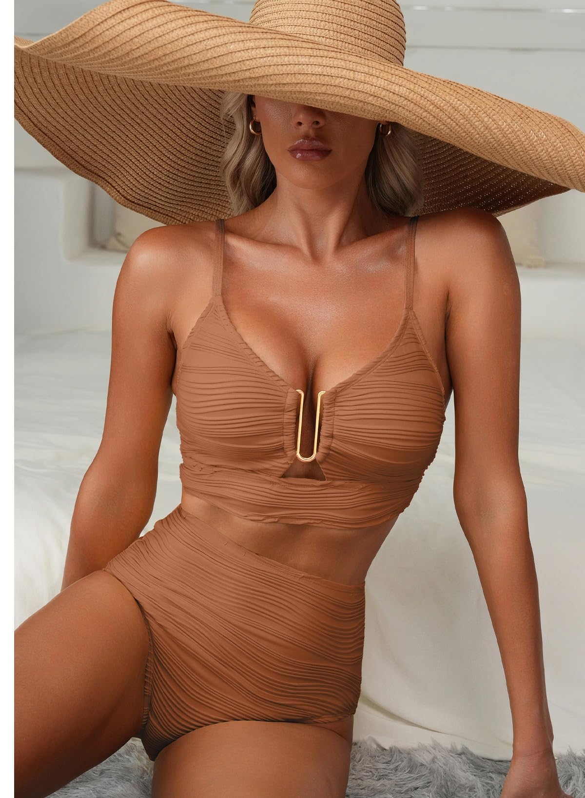 Herseas Women Popular Bikini 2 Piece 2026 Vacation Cutout Bathing Suit Push Up Supportive Swimsuit Textured V Neck Swimwear Elegant Cruise Outfits Caramel XX-Large