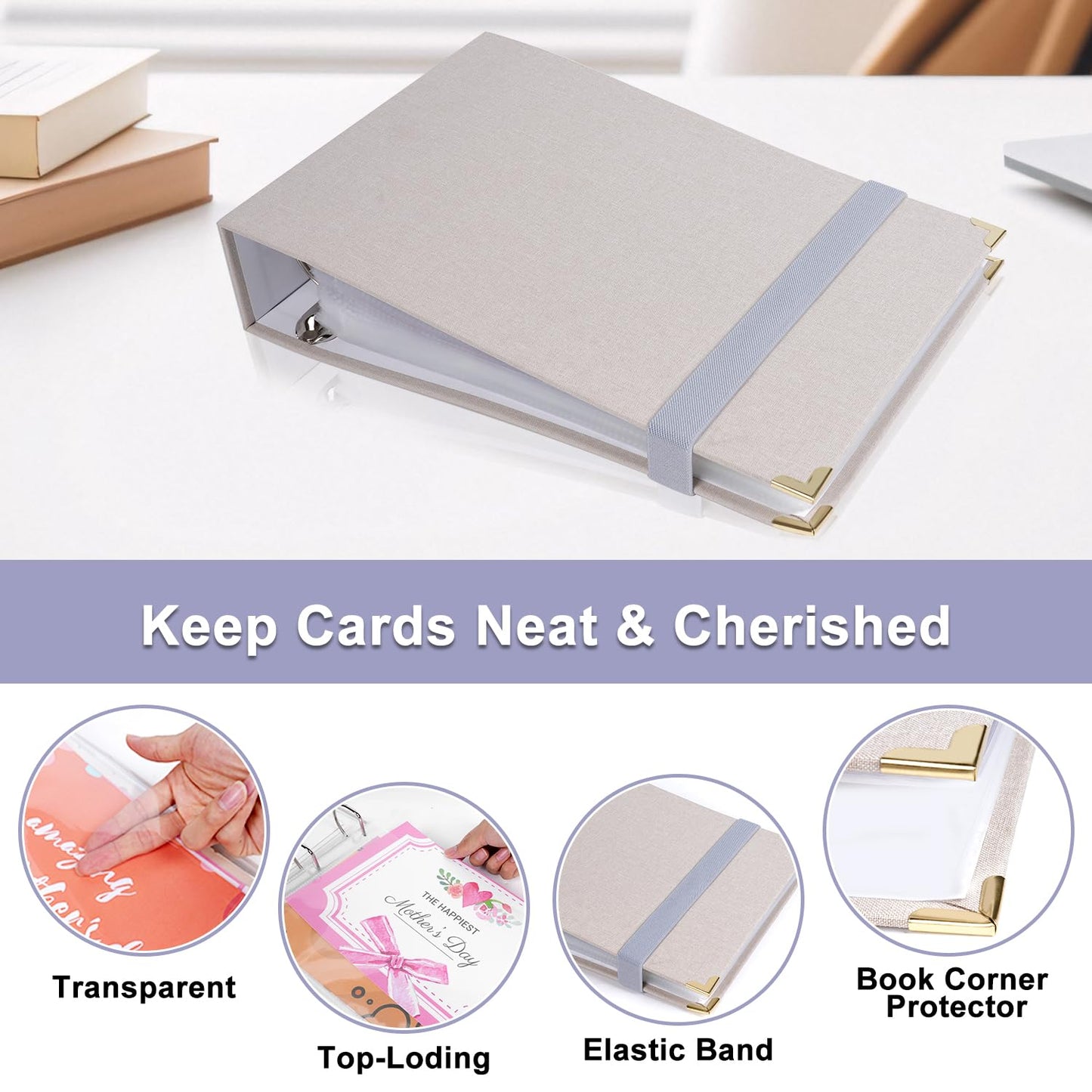 Greeting Card Storage Organizer, Insert One Opened Card per Sheet, D-Ring Binder Organizer for 4x6'' 5x7'' Birthday Christmas Cards, Linen Cover Card Keeper 100 Cards, Stickers, Photos Protection
