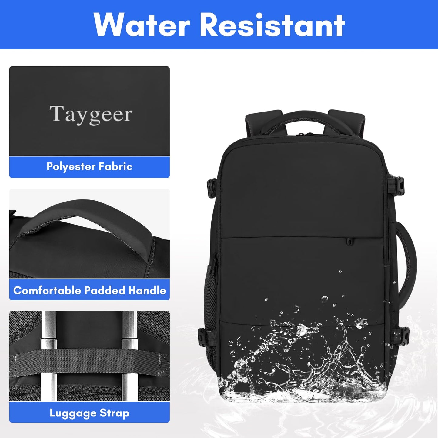 Taygeer Travel Laptop Backpack for Men Women, Airplane Approved Travel Backpack Suitcase with Water Bottle Pocket, Lightweight College 35l Luggage Bag 15.6inch Laptop Mochila Gifts for Business,Black