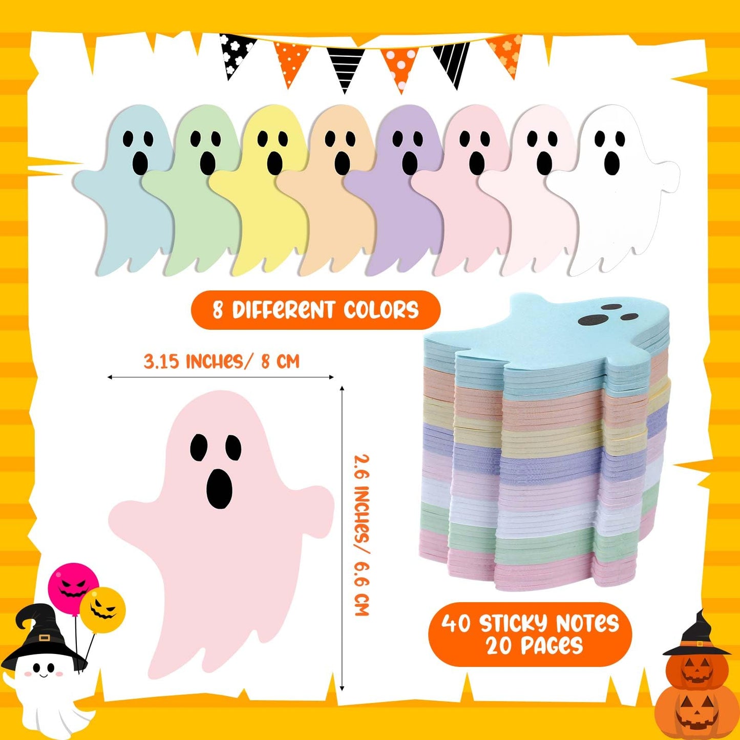 Ctosree 40 Pack Halloween Ghost Sticky Notes 8 Pastel Color Cute Sticky Notes Self-Adhesive 3.15 x 2.6 Inch Kawaii Ghost Memo Note Pads Halloween Stationery for Office Home Gift
