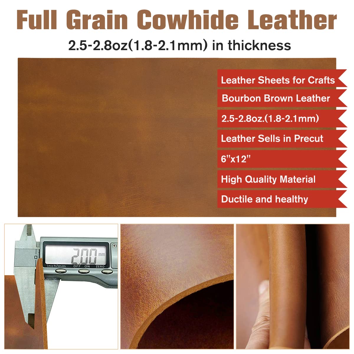 Thick Leather Sheets for Crafts Tooling Leather Square 1.8-2.1mm Full Grain Leather Pieces Genuine Cowhide Leather for Crafts Sewing Hobby Workshop Bourbon Brown 6"x12"