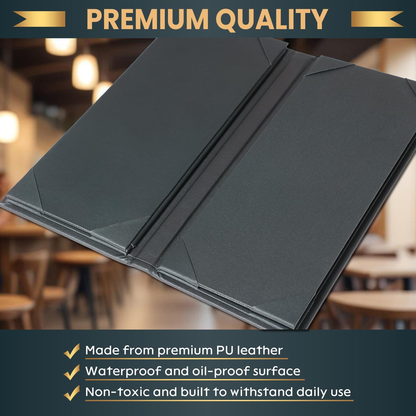 AMGSH Menu Holder Menu Covers 4.25" x 11" | 10 Pack Black Leather Menu Sleeves Book Style for Restaurant Coffee Bars Wine List (6 View, 10 Pack)