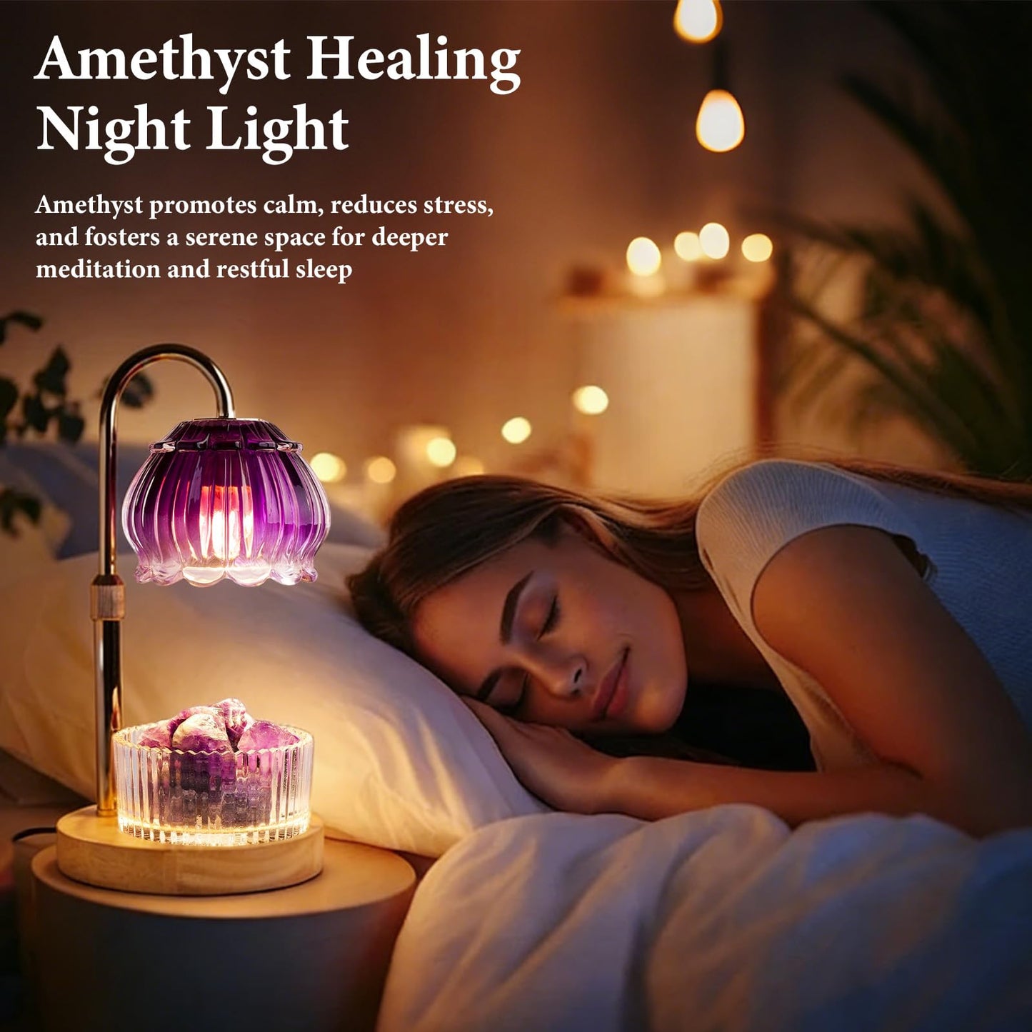 Candle Warmer Lamp with Dimmer & Timer, Adjustable Brightness & Temperature, 2/4/6H Timed, Natural Amethyst Crystals Essential Oil Diffuser & Melting Lamp for Scented Wax Melts, Home Decorative Gift
