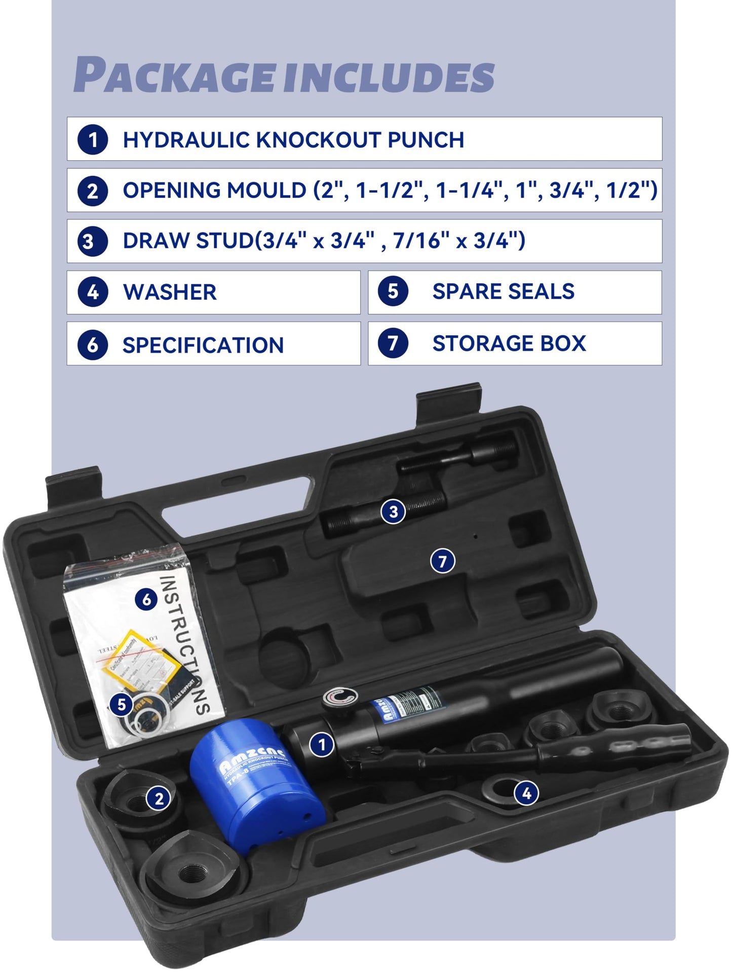 AMZCNC Hydraulic Knockout Hole Punch Driver Kit 1/2 to 2 inch Electrical Conduit Hole Cutter Set KO Tool Kit Metal Sheet Puncher (8TON(1/2"~2"))