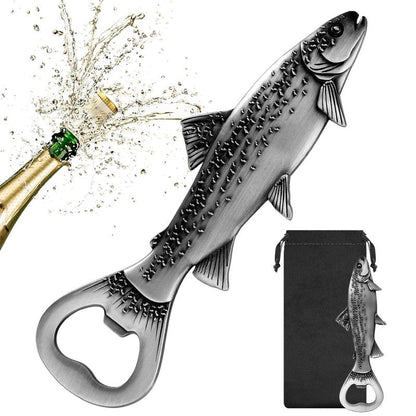MR.BARWARE Trout Beer Bottle Opener – Fishing Gift for Men, Dad, Grandpa – Silver Fish Shaped Bar Tool with Gift Bag – Perfect for Fathers Day, Birthday, Christmas, Camping