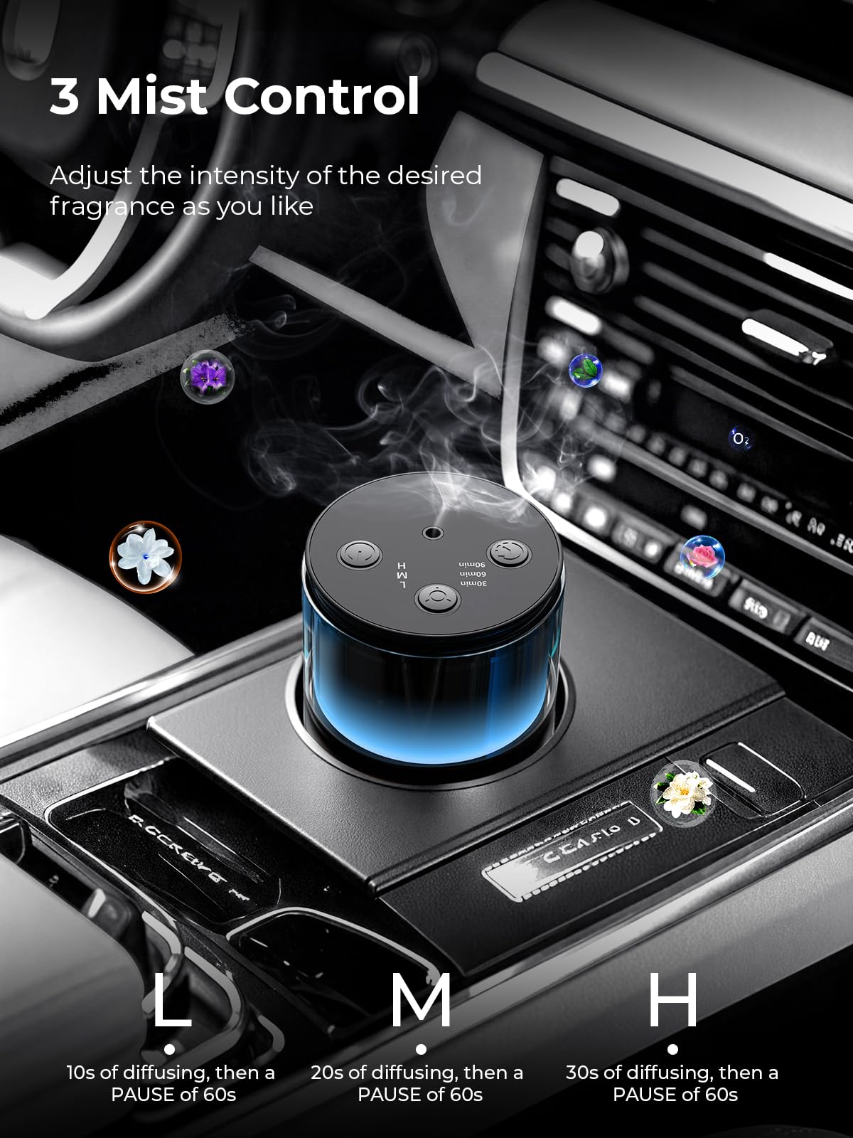 Pmsusoow Waterless Diffuser for Essential Oil: Mini Battery Scent Diffuser for Room&Home&Car with 9 Colors LED Light - Aroma Cool Mist Machine Charcoal Black