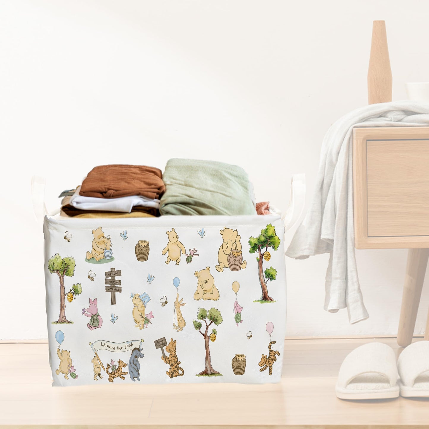 ZsaTuiy Winnie Storage Nursery Basket,Large squarecanvas Laundry Hamper WithWinnie baby Stuff A Waterproof PECoating, Foldable, Bathroom and Bedroom SetClothes ,Toys Bin, Baby Nursery HamperDecor