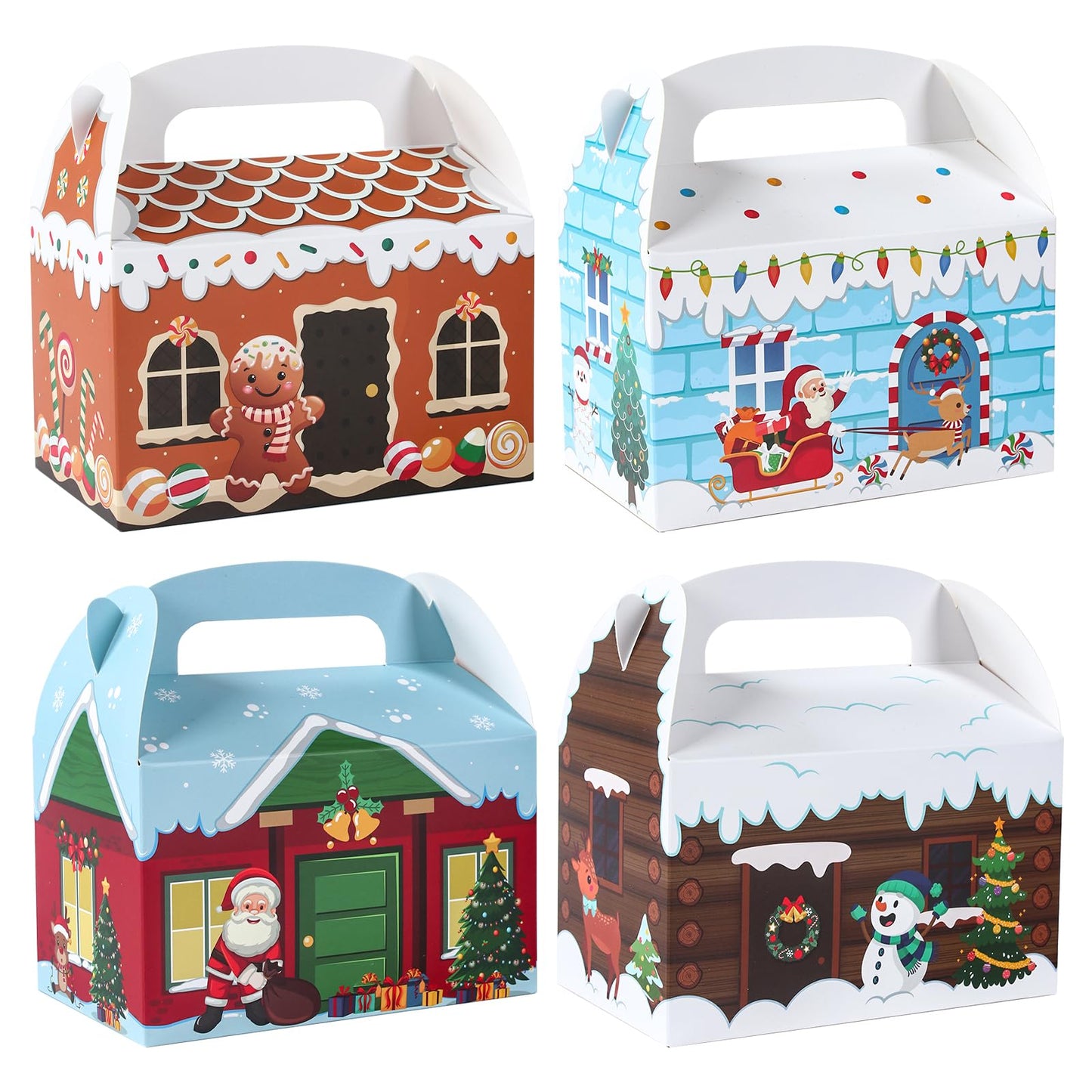 Patimate 24pcs Christmas Cookie Boxes for Gift Giving, 4 Style 3D Xmas House Cardboard Treat Boxes with Handles for Christmas Goodie Candy Holiday Party Favor Supplies