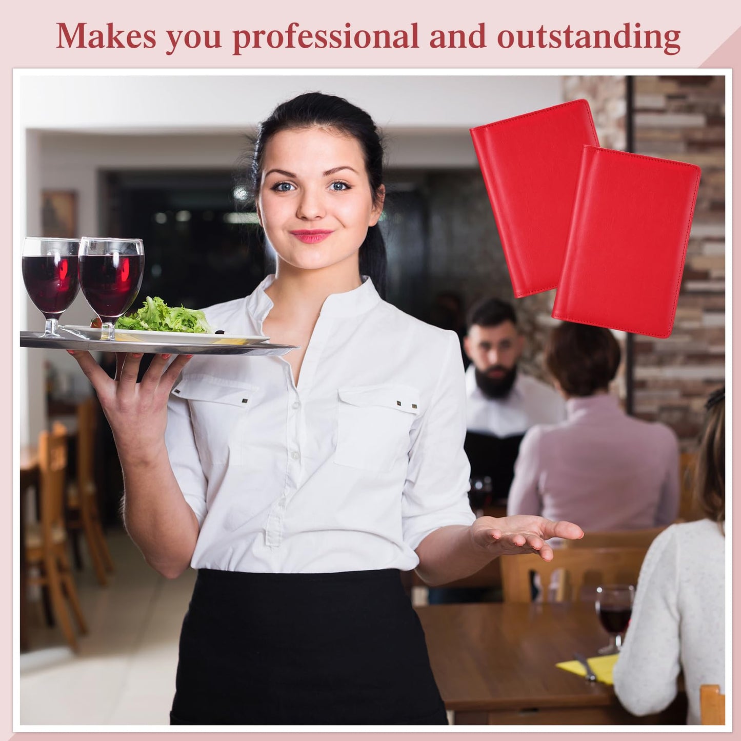 Containlol 6 Pcs Waitress Server Books Guest Book Pad Leather Money Organizer Wallet Organizer Waiter Cash Check Bill Receipt Holder with Pocket for Waitstaff Fit Apron(Red Style)