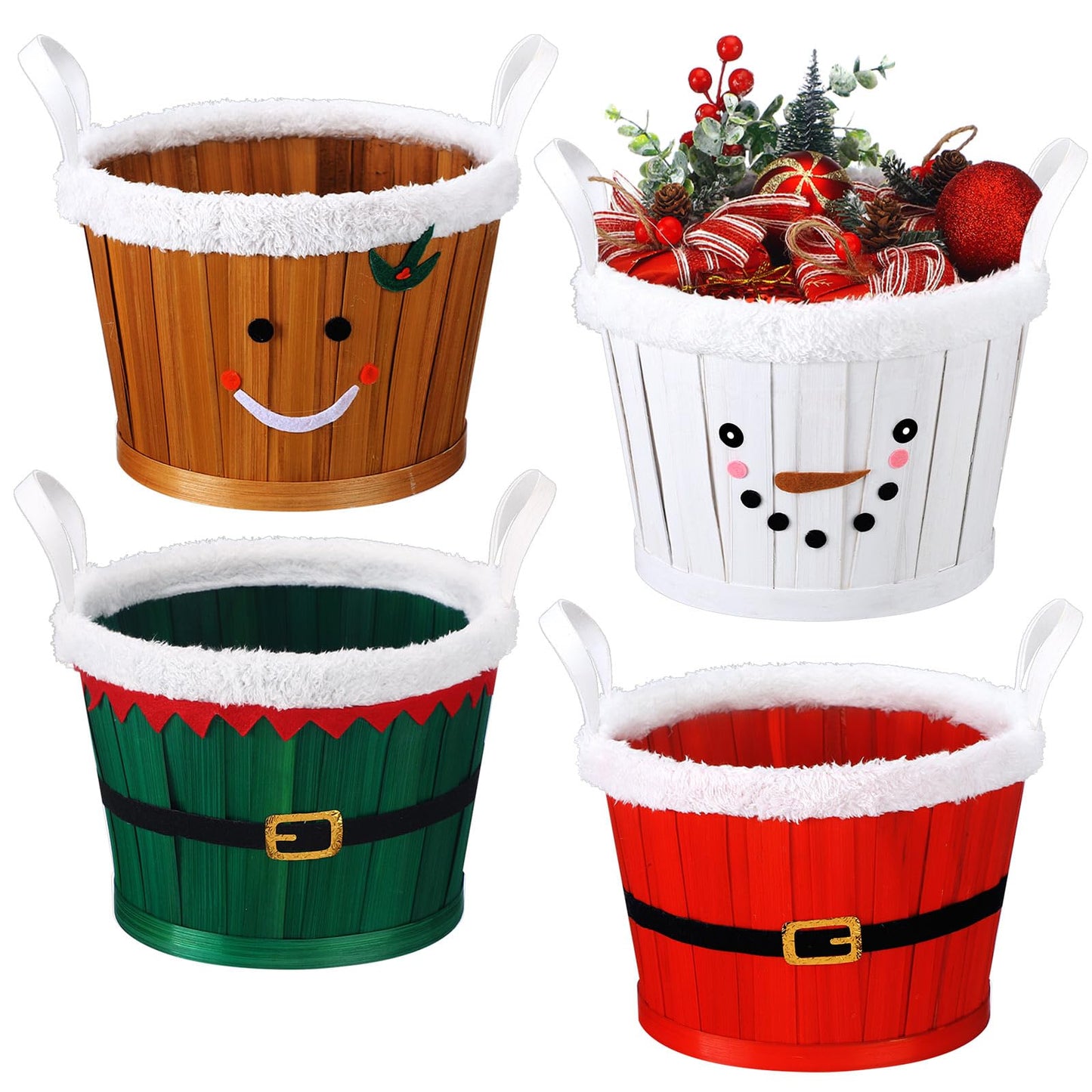 Youyole 4 Pieces Christmas Basket for Gifts Woven Bamboo Xmas Round Gingerbread Basket Small Santa Claus for Christmas Party Supplies Gift Snack Storage(Tall and Handle)