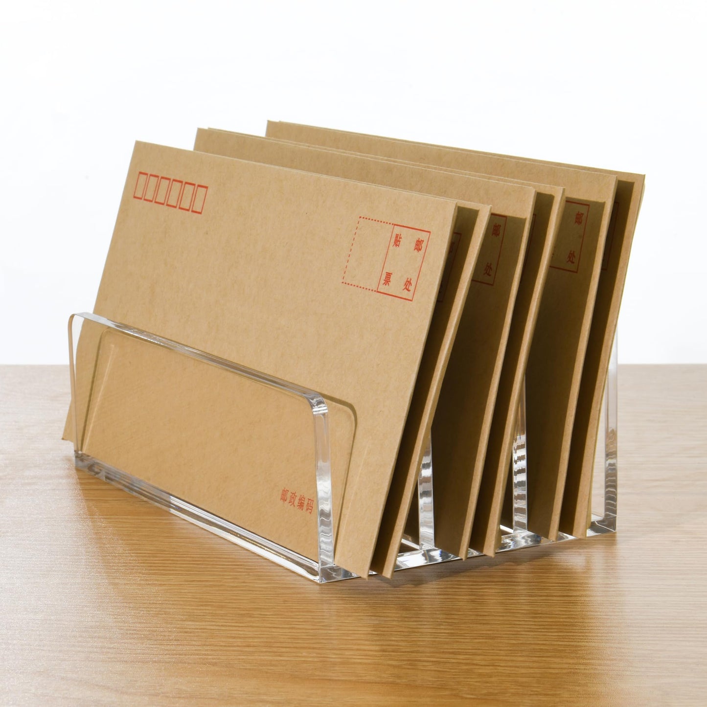 AIMOLLY 3 Compartments Clear Acrylic Mail Holder – Vertical Letter Sorter & Multifunction Desk Organizer for Bills, Documents, Notebooks – Modern Office/Home Envelope File Rack