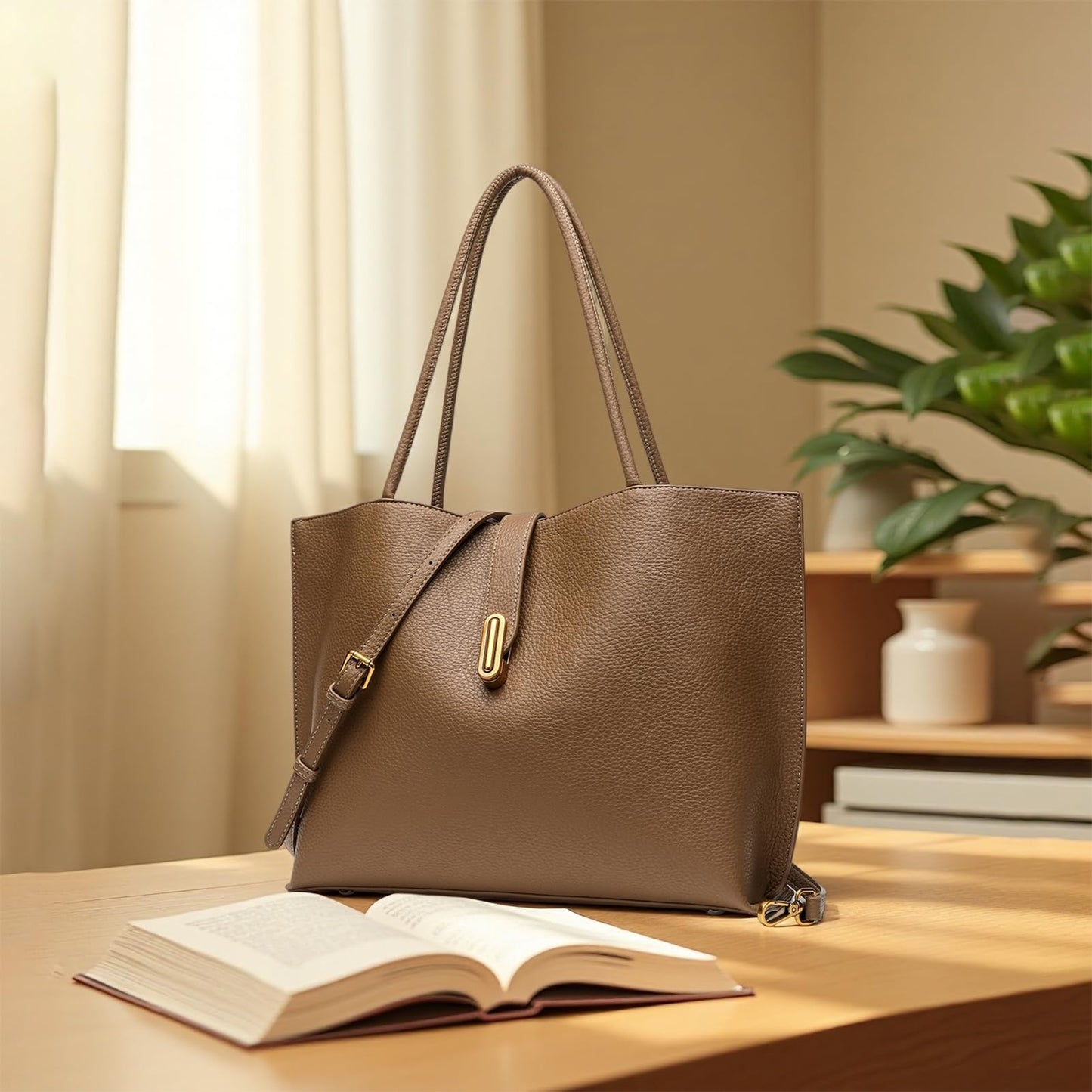 Vegan Leather Tote Bag for Women,UPGRADED LARGER SIZE 2-in-1 Shoulder Handbag with Removable Pouch,Work & Daily Use(Large - Vegan Leather - brown)