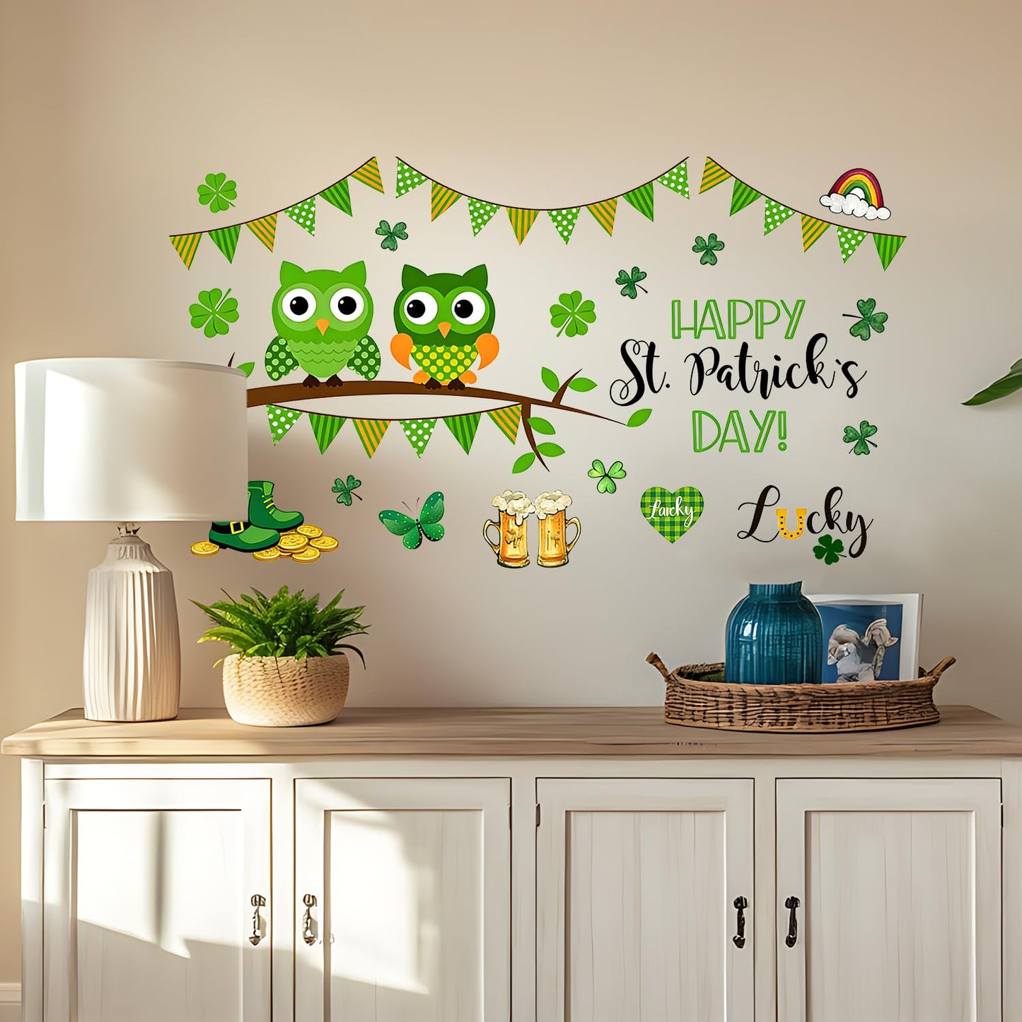 FOREVER QUEEN St. Patrick's Home Party Wall Decals -Shamrock Lucky Owl Stickers,Peel and Stick Removable Wall Art for Family Party Decor