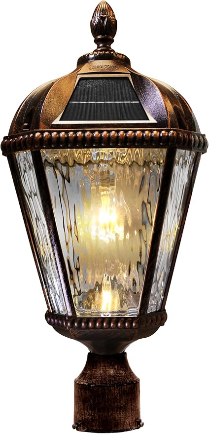 Gama Sonic Outdoor Solar Post Light, Brushed Bronze Finish Aluminum, Royal Bulb, Clear Rain Glass, 3-inch Fitter for Lamp Posts 98B112 (Upgraded Panel and Battery)