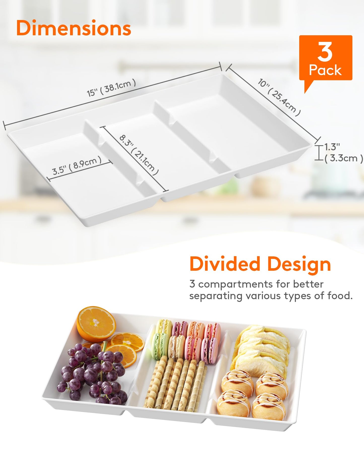 Lifewit Serving Tray Divided for Party Supplies, 8 PCS 15" x 10" Plastic Platters for Serving Food, White Reusable Tray for Veggie, Snack, Fruit, Cookies, Desserts in Kitchen/Pantry
