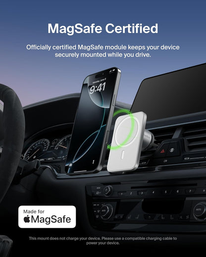 Belkin MagSafe Vent Mount Pro - MagSafe Phone Mount for Car, Magnetic Phone Holder Compatible with iPhone 17, 16, 15, Series, 14 Series, Pixel 10, and More - Gray