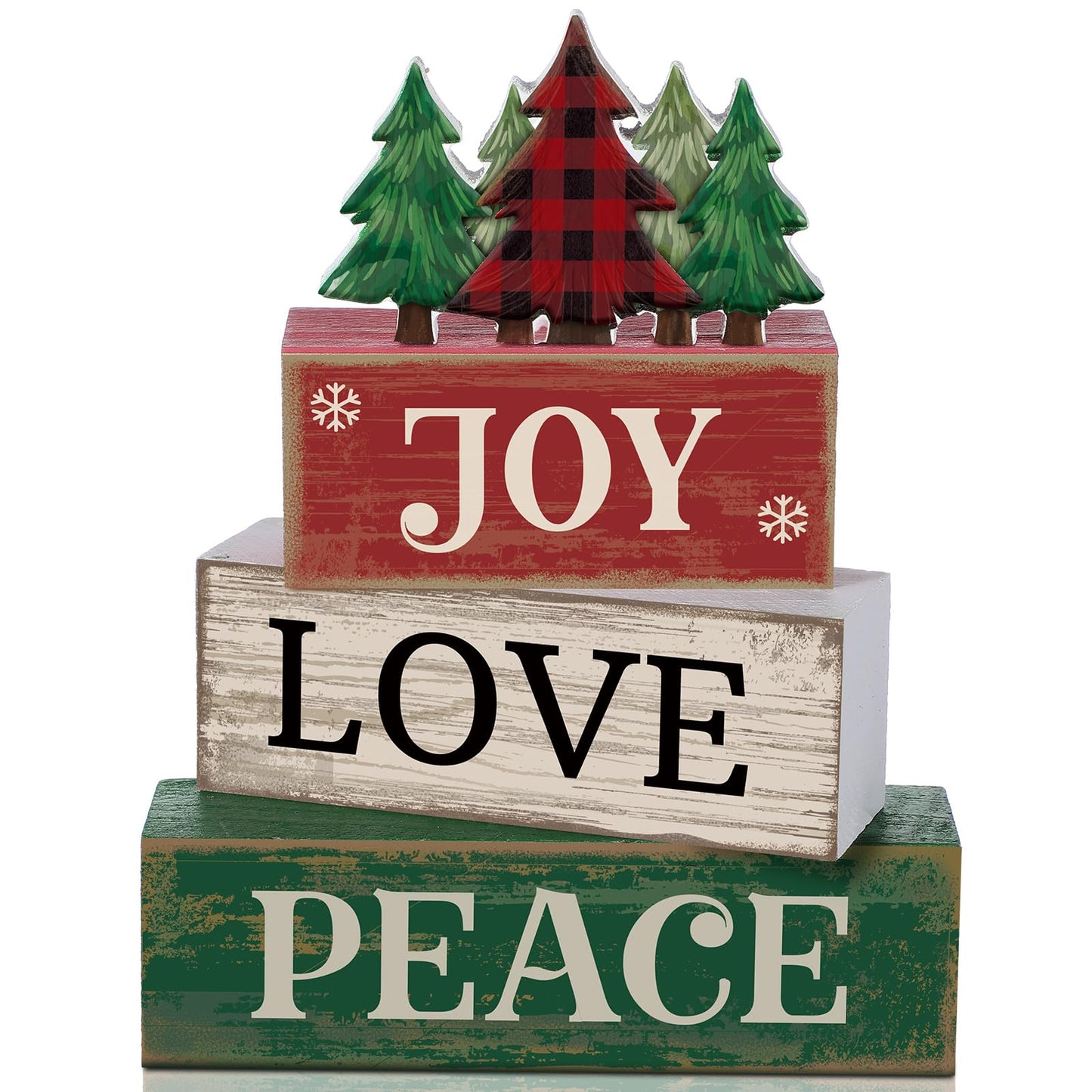 Lineshading 4 Pcs Christmas Table Decor Christmas Tree Centerpiece Joy Peace Love Sign Rustic Decorative Tree Block Signs Gift Winter Tiered Tray Decor Farmhouse for Home Xmas Party Kitchen Shelf