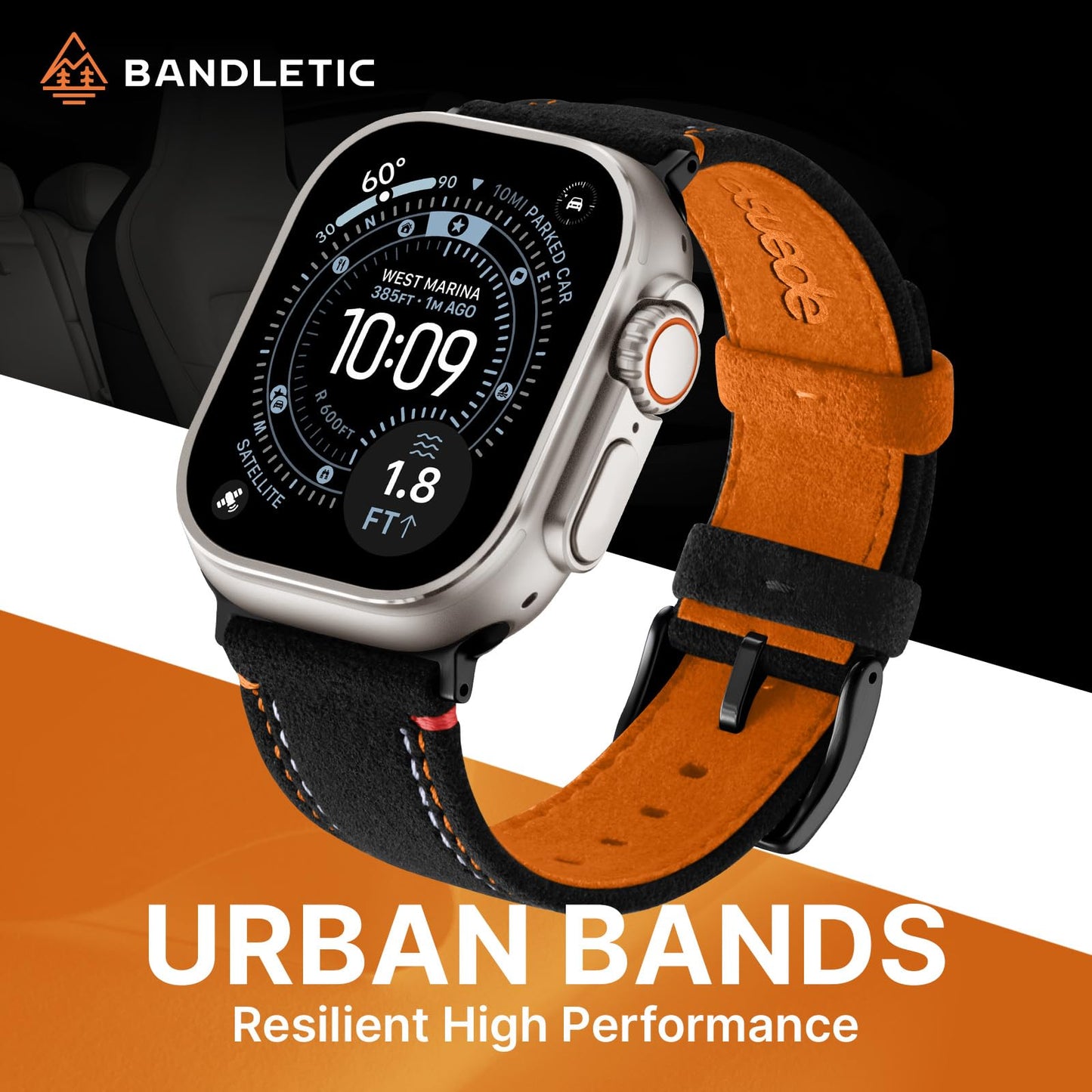 Bandletic Compatible with Apple Watch Ultra 3 2 1 Band 49mm for Men, Suede Leather Bands Breathable Replacement Strap for iWatch Series 11 10 (46mm), 9 8 7 (45mm), SE3 SE2 SE 6 5 4(44mm), Black/Orange