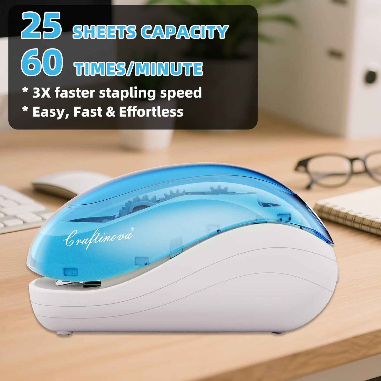 Craftinova Electric Stapler,Including 2000 Staples and 1 Staple Remover, Suitable for Palm Size and high Comfort，25 Sheet Capacity, AC Adapter or Battery Powered，Battery not Included