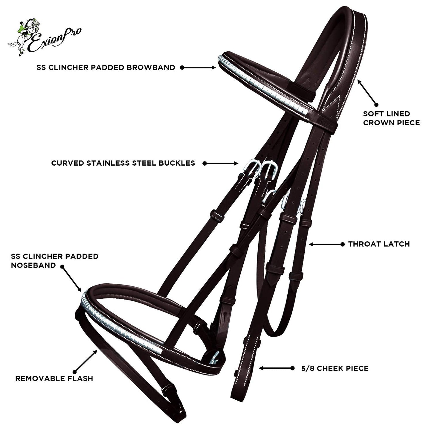 ExionPro English Jumping Bridle with Flash – Soft Lined Crownpiece, Brass Clincher Studded Browband, Flash Noseband, Rubber Reins – Black & Brown – Premium Vegetable-Tanned Leather