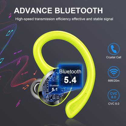Wireless Earbud, Bluetooth 5.4 Headphones IP7 Waterproof for Sport, 48H Running Wireless Earphones with ENC Noise Cancelling Mic, Deep Bass Over Ear bud with Earhooks for Android, iOS, Workout, Green