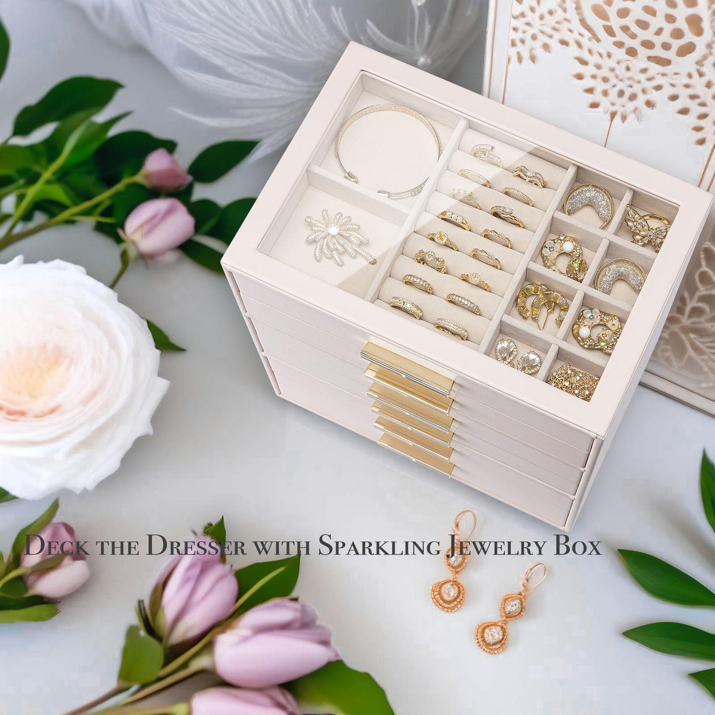 VLANDO 6-Drawer Jewelry Box with Glass Lid, Faux Leather Organizer for Rings Earrings Necklaces and More, Gift-Ready Jewelry Case for Women Girls or Moms, Pink Beige