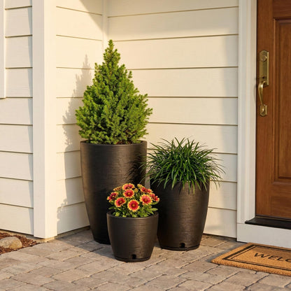 Floridis Set of 3 Black Planters for Indoor Outdoor Plants, 11/17/25 Inch Plastic Plant Pots with Drainage Hole and Saucer for Patio and Front Porch