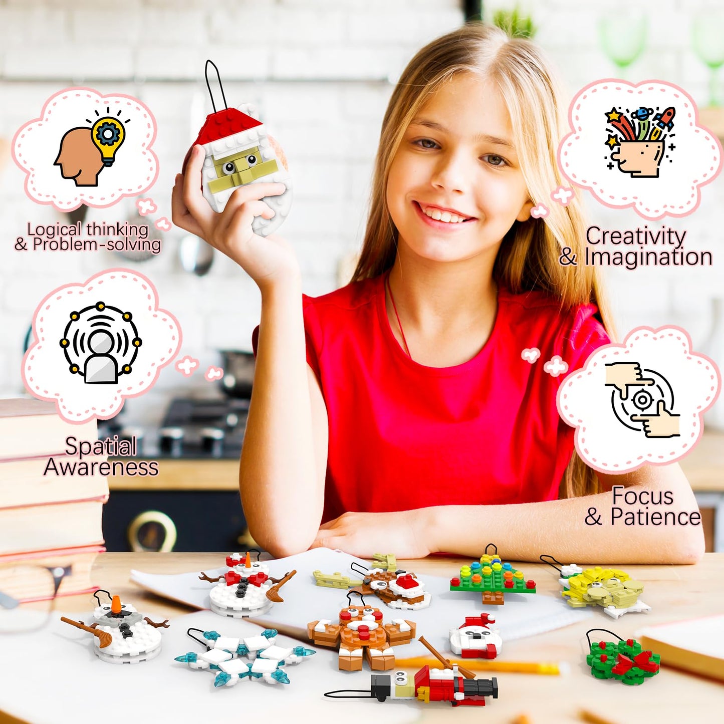 EIAVURPE Christmas Ornaments Building Set, 11-in-1 Christmas Tree, Wreath, Nutcracker, Gingerbread, Polar Bear, Snowflake, Reindeer, Santa, Stocking Stuffers Toy Gifts for Boys Girls Kids Ages 6+.