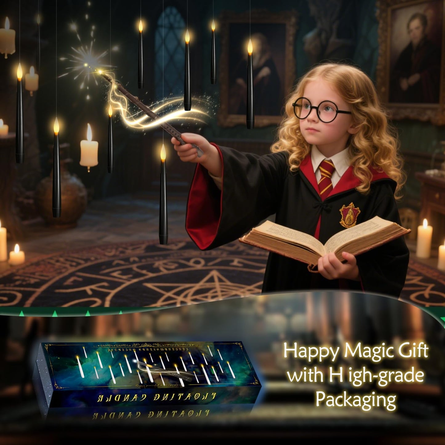 kakoya Flameless Floating Candles with Wand，12 Pcs Magic LED Hanging Taper Candles，Flickering Battery Operated Taper Candle with Wand Remote for Halloween Decorations Best Gift（Black）
