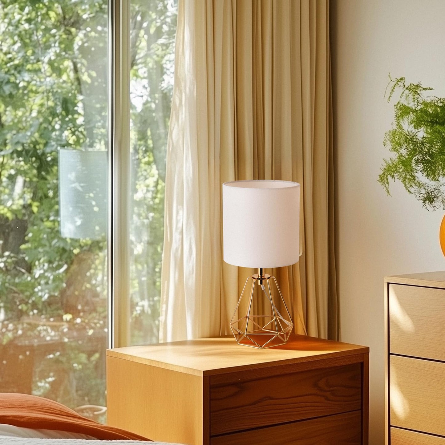 Fengarolam Modern Golden Metal Table Lamp,14" Small Bedside Lamp with Hollowed Out Metal Base & White Fabric Shade,E26 Nightstand Desk Lamp for Bedroom,End Table,Living Room&Room Decor
