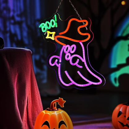 Halloween Ghost Neon Sign for Wall Window Decor, BOO Neon Signs for Halloween Party Decorations, USB Powered Little Ghost LED Lamp for Bedroom Club Bar