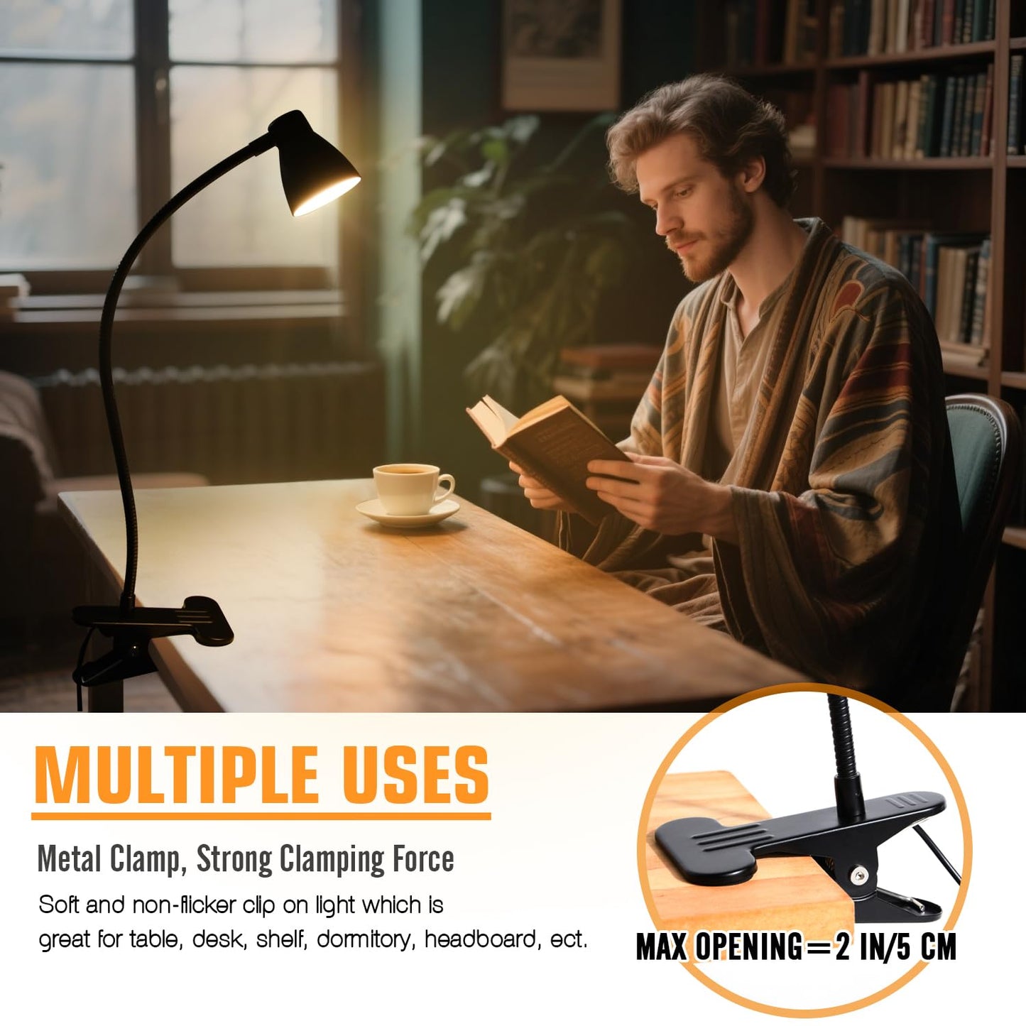 CeSunlight 2 Pack Clip Desk Lamp, Ultra-Flexible Gooseneck Clip Reading Lights, 3000K-6500K Adjustable Color Temperature & Brightness, 6W Eye-Care LED for Office, Study, Bedside(USB Adapter Included)
