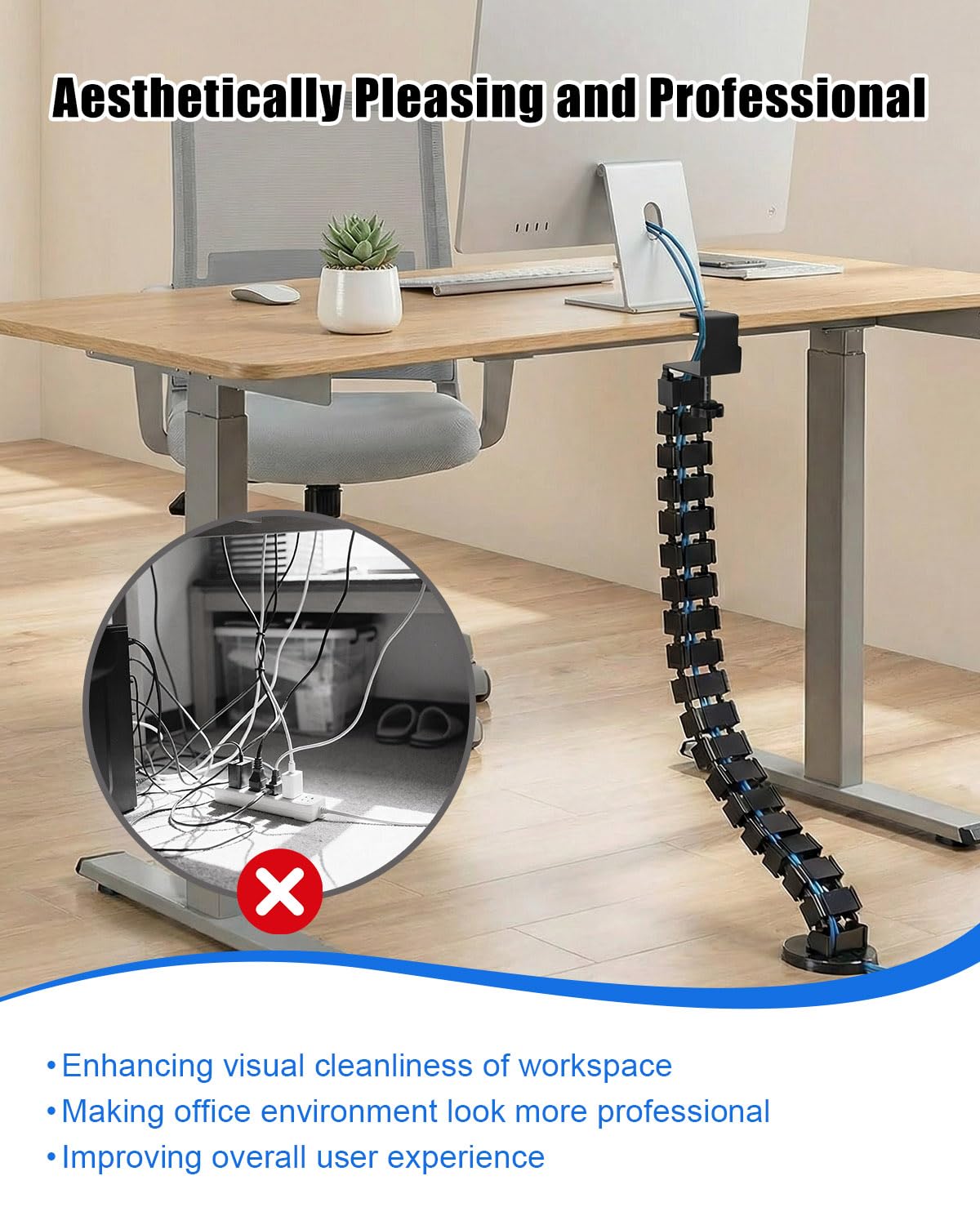 Desk Vertebrae Cable Management Kit, Adjustable Quad Entry Flexible Cord Organizer for Sit Stand Desk, No Drill Clamp-On Under Desk Modular Cable Control with Steel Base