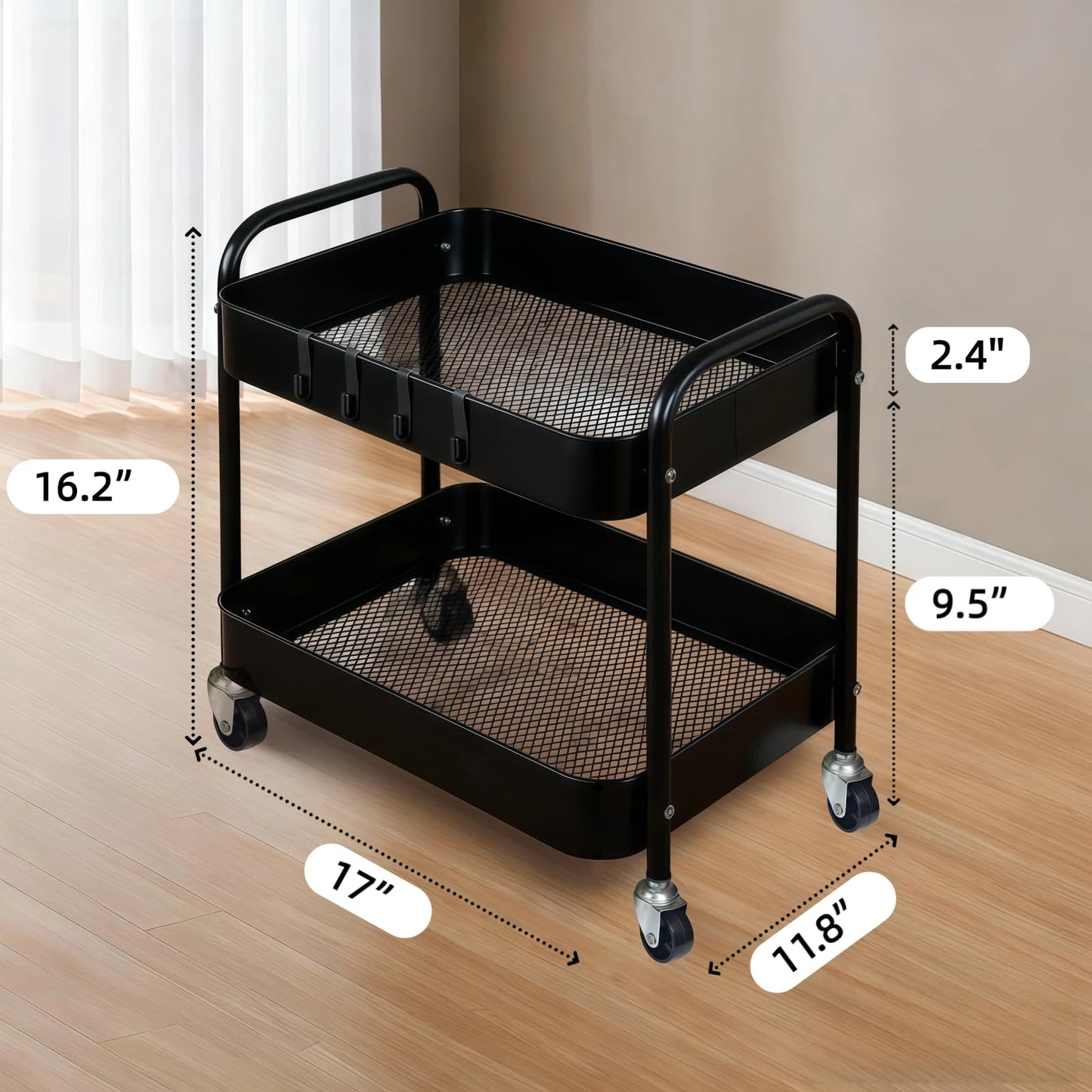 Ufriandz 2 Tier Metal Rolling Utility Cart with Wheels Under Desk Storage Cart with Handle, Roll Around Organizer Trolley for Small Space Pantry Bathroom Home Kitchen Office Snack Baby Supplies, Black