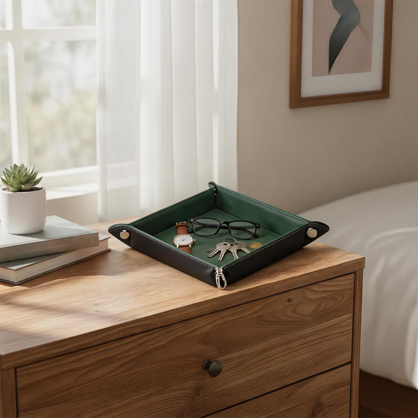 siduater Valet Tray Desktop Storage Organizer – Vegan Leather Catchall Tray Bedside Vanity Tray Nightstand Caddy Holder for Remote Controller, Watch, Keys, Phone, Wallet, Coin, Jewelry, Midnight Green