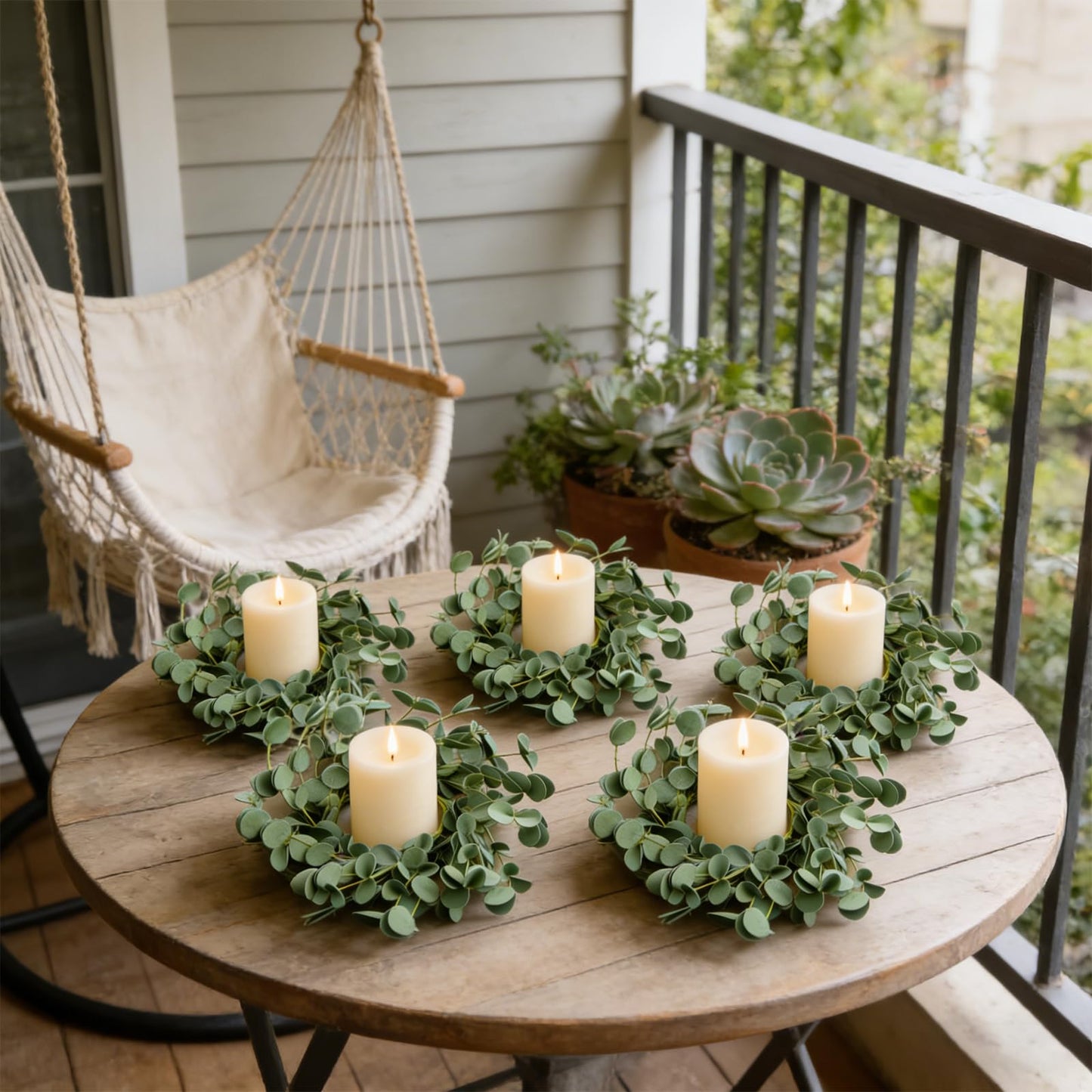 4 Pcs Small Spring Summer Candle Ring Wreaths with Artificial Eucalyptus Greenery Mini Pillar Candle Holder Wreath for Home Table Centerpieces Kitchen Wedding Farmhouse Party Decor
