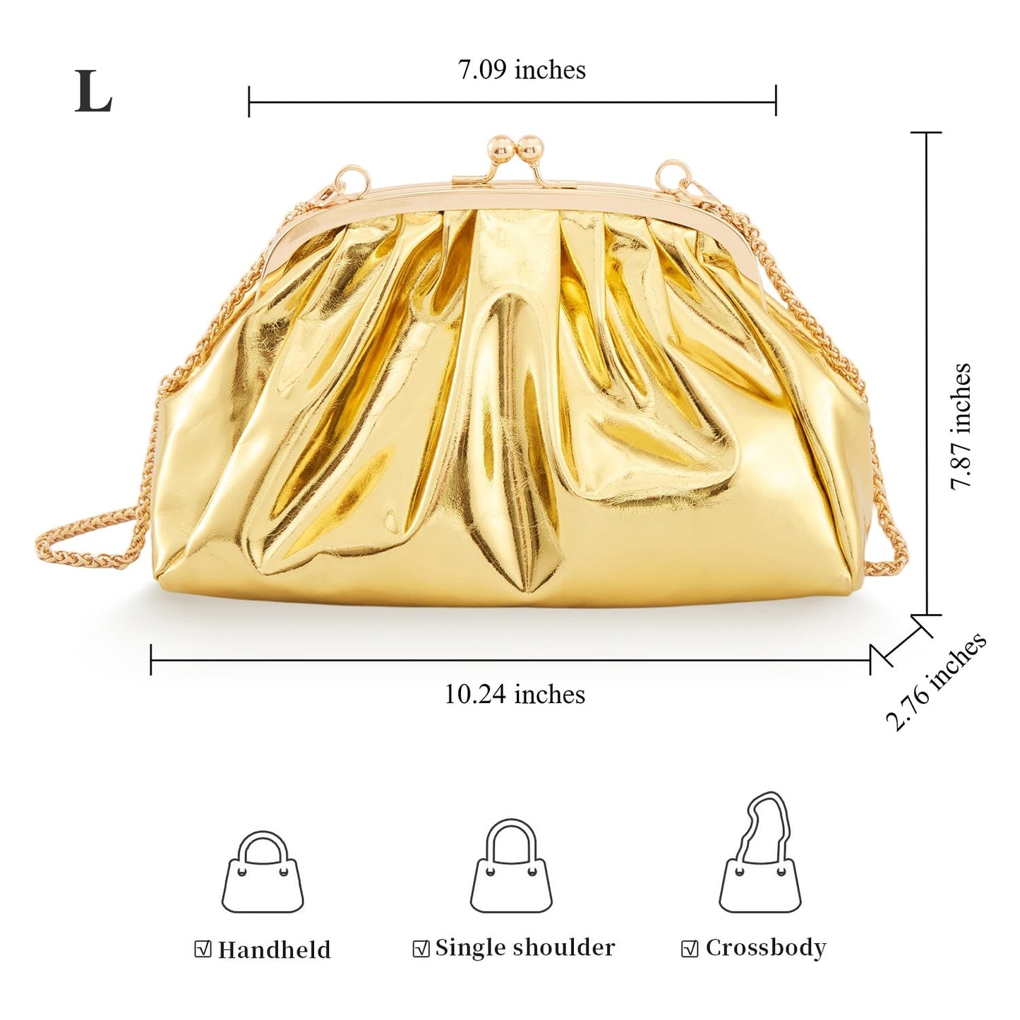 BRYCTSISEN Pleated Evening Vegan Leather Clutch Handbag Purse Metallic PU Cloud Shoulder Bag for Women Evening Purse Handbag (gold-L)