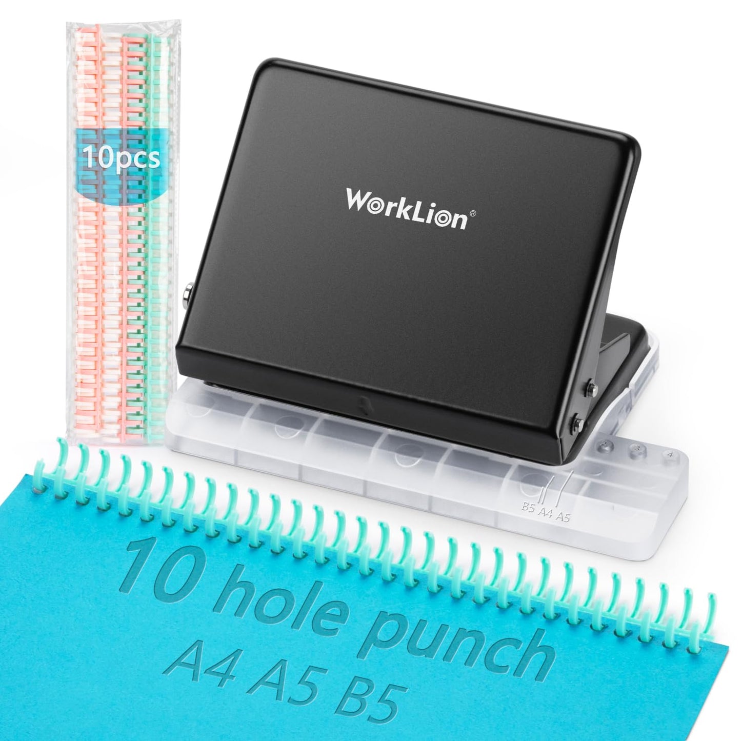 Binding Machine for Planner： WORKLION Metal 10 Hole Punch&Multi Color 30 Hole Loose Leaf Binder Rings(10 pcs) for Making 26 Holes on B5 Paper, 30 Holes on A4, 20 Holes on A5 Book, Black