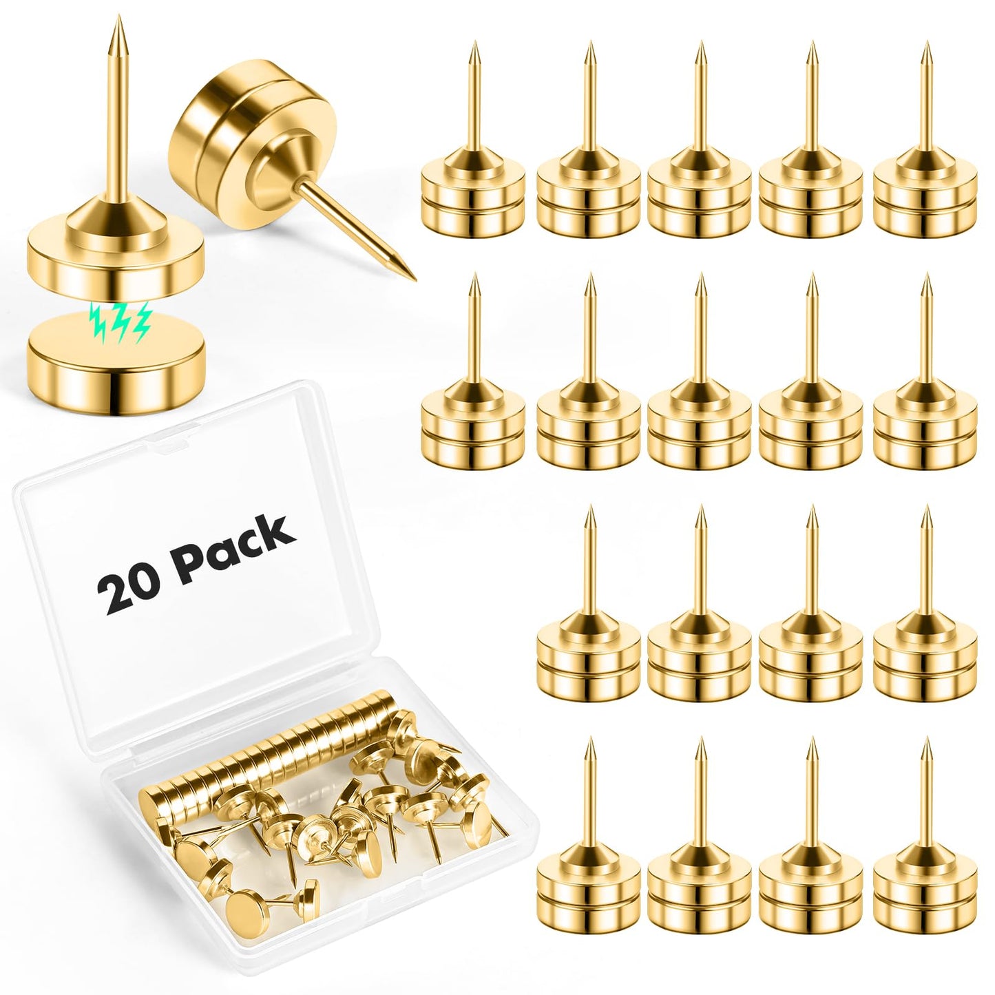 GOOLADA 20 Sets of Magnetic Push Pins, Magnetic Thumb Tacks, Cute Flat Push Pin, Gold Push Pins for Bulletin Board, Magnetic Pins for Wall, Flat Thumb Tacks for Cork Board
