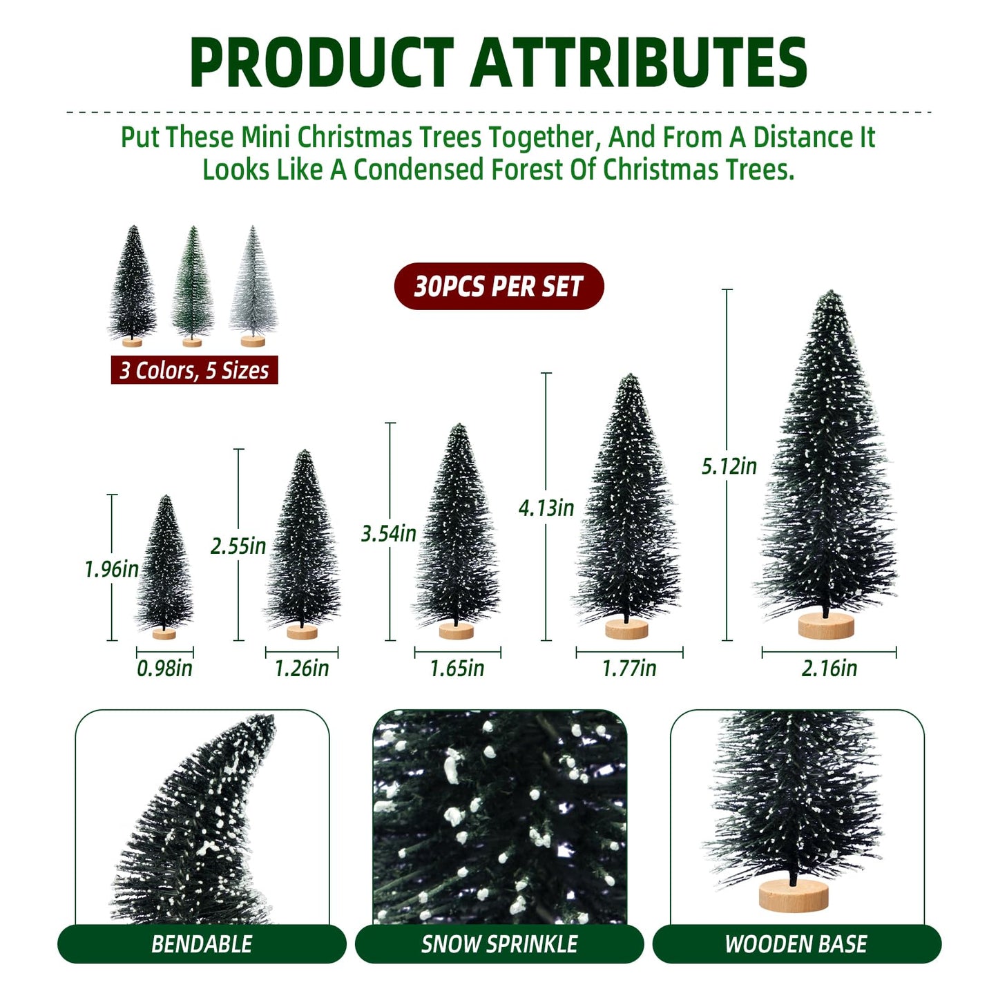 Tizuxa 30pcs Tiny Christmas Trees for Christmas Decorations, Mini Artificial Christmas Tree Small with Snowflakes Bottle Brush Trees for Christmas Decor Party Home Table Top Winter Crafts Decorations